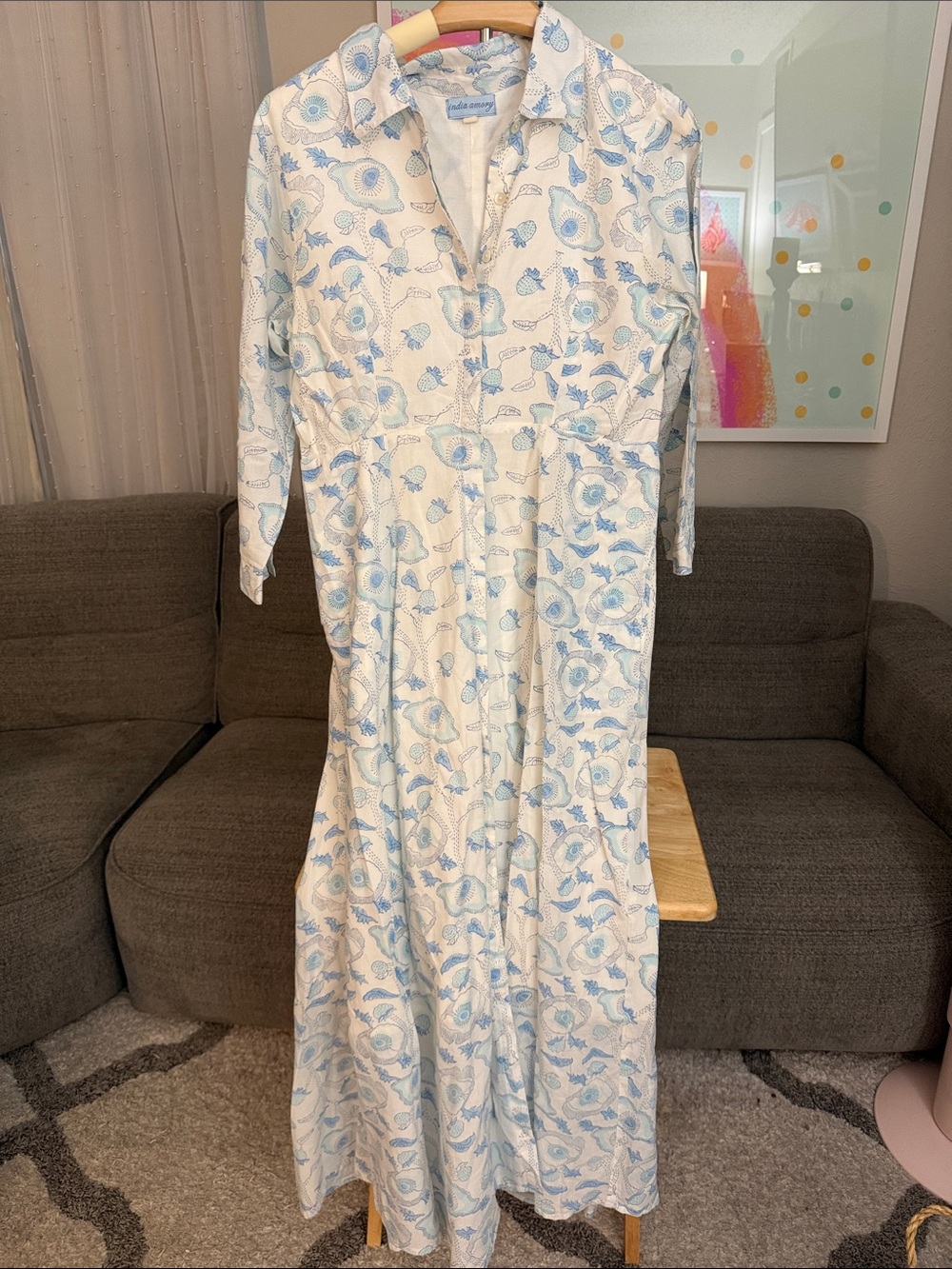 Light Blue Floral Maxi Dress with Collar - Classic Comfort